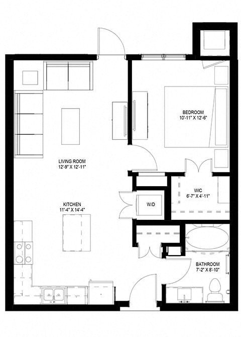 Floor plan for 1 bed, 1 bath, 723 sqft